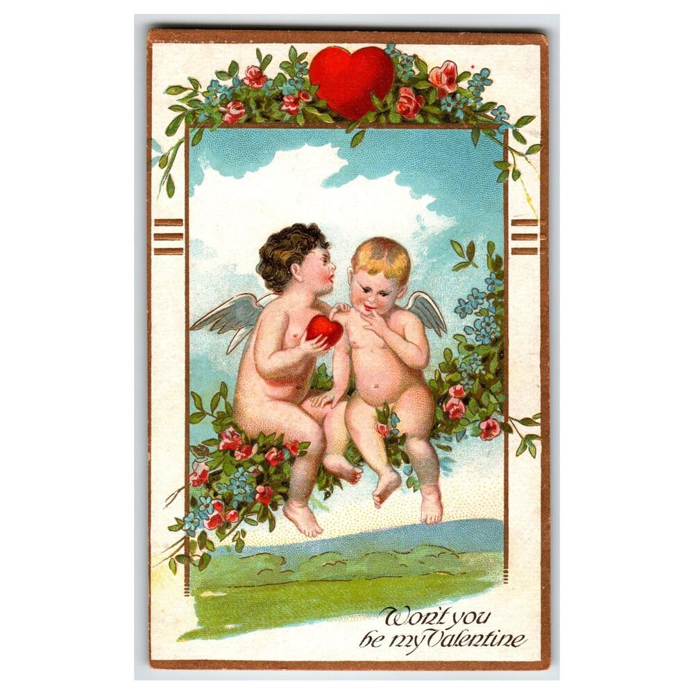 Vintage 1913 Valentine Postcard Cherubs Red Heart Embossed "Printed in Germany"